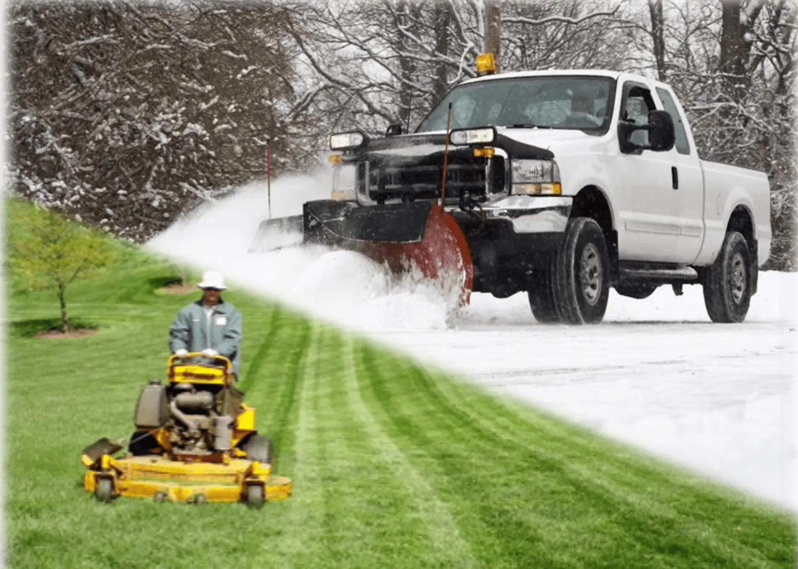 A split image of a man mowing the grass on a riding mower and a white pickup truck with a snow plow on the front pushing snow.
