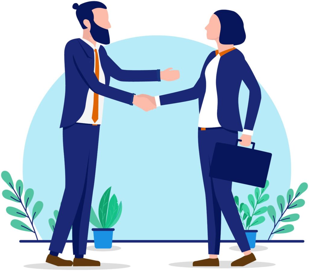 An illustration of a business broker shaking hands with a client.