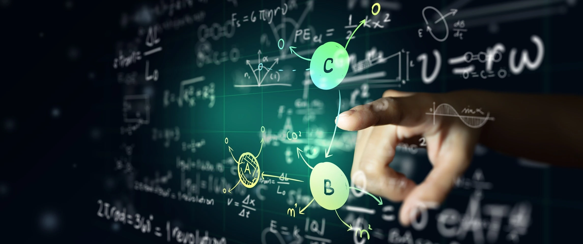 A hand points at a floating chemical formula that is surrounded by other mathematical formulas.