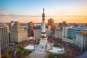 The Indianapolis skyline over Monument Circle.