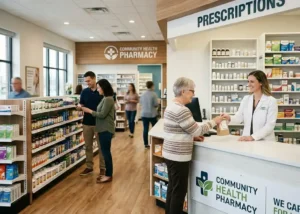 Patients at a pharmacy look at over-the-counter prescriptions while another talks with the receptionist.